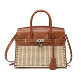 Smooth-Leather & Straw Top-Handle Bag
